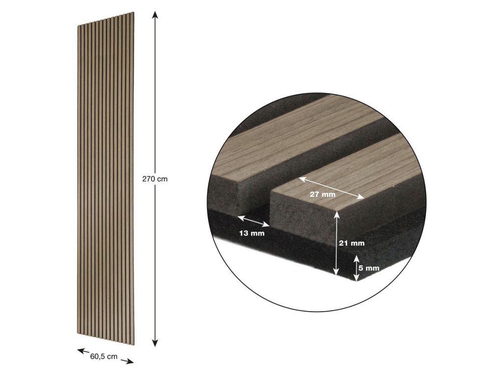 Rozmery: 270 x 60,5 x 2,1 cm pre optimálne pokrytie Plocha: 1,63 m² na jeden panel Dizajn: elegantný dekor orechu