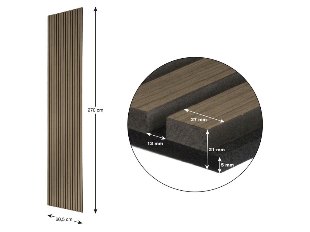 Určenie: akustický panel Farba: dymový dub Plocha: 1,63 m² Šírka lát: 27 mm