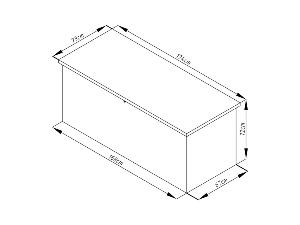 Záhradný box Objem: 770 litrov Materiál: Pozinkovaný plech (hrúbka 0,45 mm) Farba: Šedá Vonkajšie rozmery: 173,8 x 73 x 72,7 cm Vnútorné rozmery: 168 x 67 x 70 cm