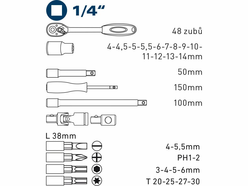 Sada nástrčných a zástrčných kľúčov 1/4" 4-14mm 31-dielna sada