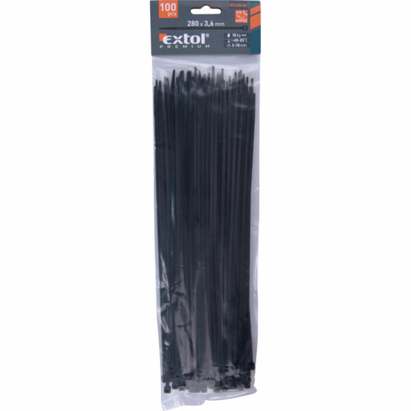 Čierne sťahovacie pásky, 3,6x280mm, 100ks, pr.70mm, 18kg, nylon PA66