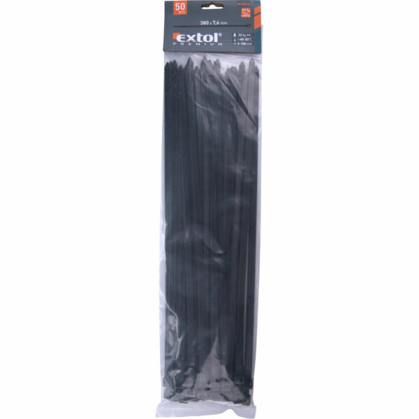 Čierne sťahovacie pásky, 7,6x380mm, 50ks, pr.100mm, 55kg, nylon PA66