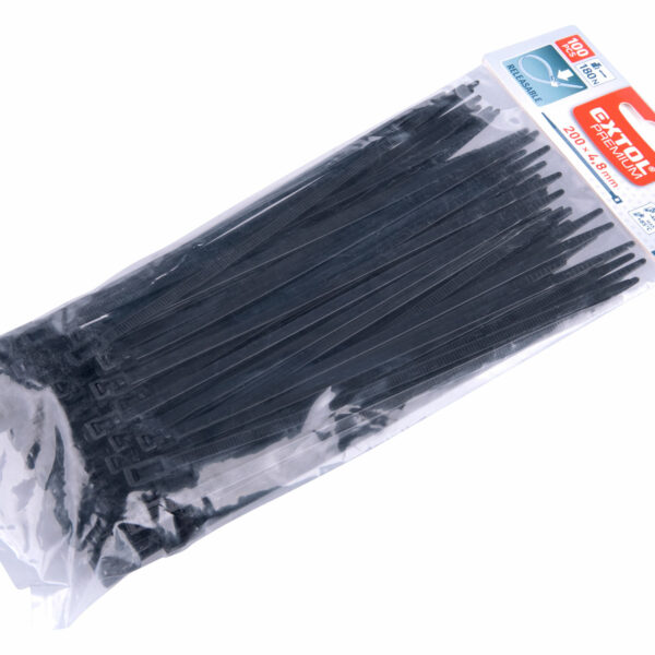 Čierne sťahovacie pásky, rozpojiteľné, 4,8x200mm, 100ks, nylon PA66